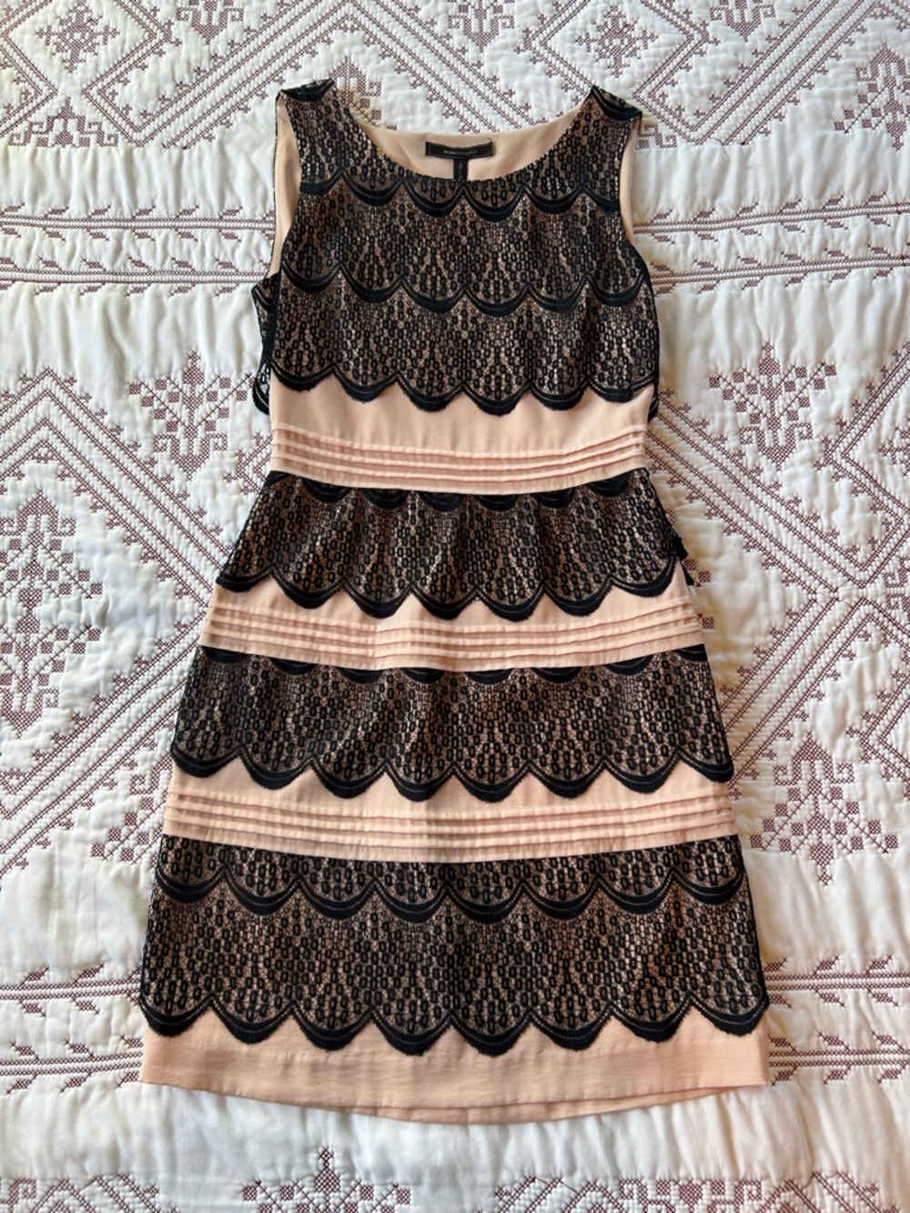 BCBGMaxAzria Lorenna Blush and Black Lace Neckline Dress
